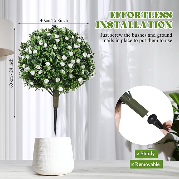 24 Artificial Topiary Ball Tree with Flower Set of 2,Outdoor Fake Topiary with Ground Spike,UV Resistant Faux Artificial Plant Bushes for Indoor Outdoor Front Porch Garden Decor(White)