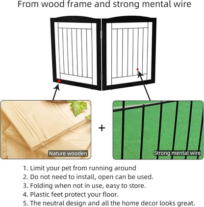 ZJSF Freestanding Foldable Dog Gate for House Extra Wide Wooden Indoor Puppy Gate Stairs Doorways Pet Gate Tall Dog Fence 2 Panels Fence Black