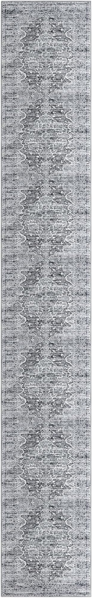 KUTA Extra Long Runner Rug for Hallway 2.6x18ft, Grey Blue White Vintage Washable Kitchen Runners, Non-Slip Stair Rugs Ultra Soft Printed Modern Floral Distressed Carpet for Bedroom Living Room