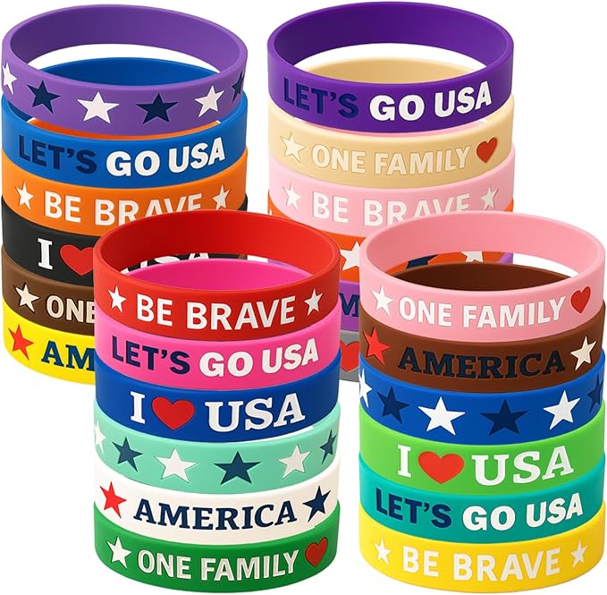 Kids Bracelets Silicone Wristbands: 24 Pack USA Theme Classroom Rewards Birthday Party Favors & School Spirit Day Gifts for Elementary Students