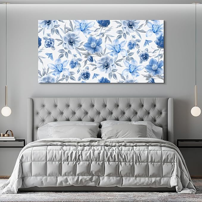 CanvasGarden Floral Canvas Wall Art, Soft Blue Floral with Silver Tones Watercolor Poster Serene Botanical Soft Flower Home Decor, Framed Prints for Living Room Bedroom Office Decor, 32x16Inch