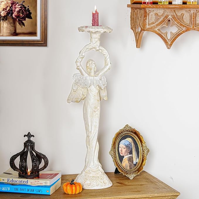 Sungmor Vintage Cast Iron Angel Candlestick Holder – 22.6” Antique Gothic Candle Stand for Home Decor, Taper & Pillar Candles, Distressed White Decorative Centerpiece