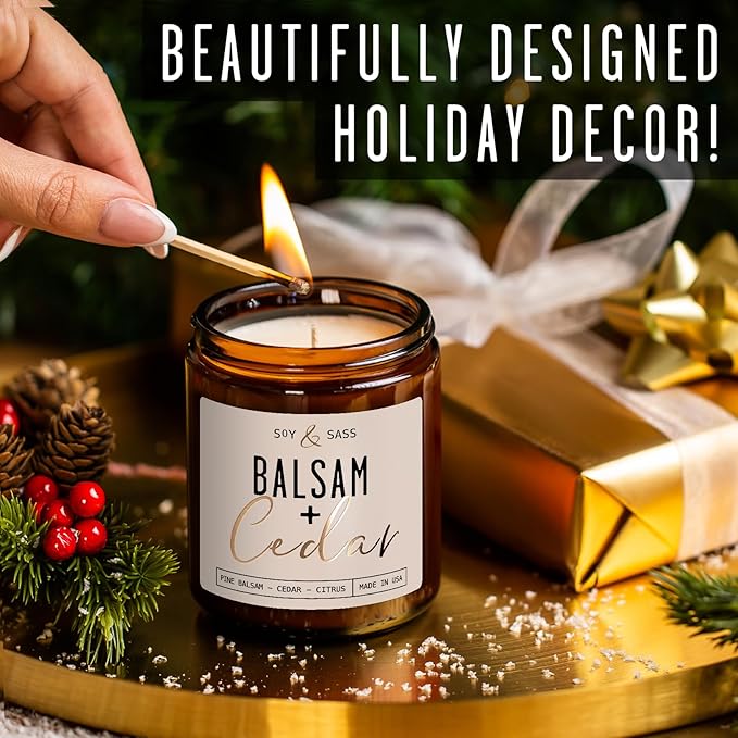 Balsam Candle, Christmas Candles Scented - 'Balsam + Cedar' Soy Candle, w/Balsam Fir, Cedar & Citrus - Infused with Essential Oils I Balsam Fir Candles I 9oz, 50Hr, Made in USA