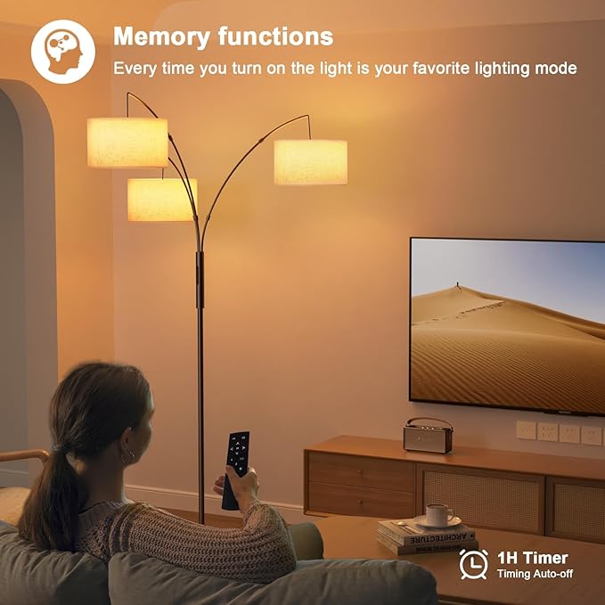 36W LED Arc Floor Lamp with 3 Fabric Shades, 3000LM Super Bright Standing Lamp with Remote Control & Touch, Stepless Dimming, Individual Light Control for Living Room, Bedroom