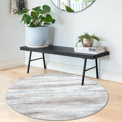 KOZYFLY Modern Abstract Round Area Rug 3Ft, Washable Kitchen Rug Non-Slip Soft Small Bathroom Circle Rug, Beige Striped Entryway Rugs Print Faux Wool Doormat for Bedside Entrance Bedroom Sink