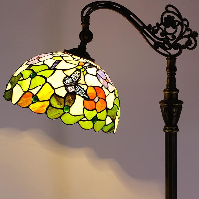 Tiffany Floor Lamp Stained Glass Lamp 18.88X12X67 Inch Angle Adjustable Arched Gooseneck Antique Reading Light (Butterfly Flowers)