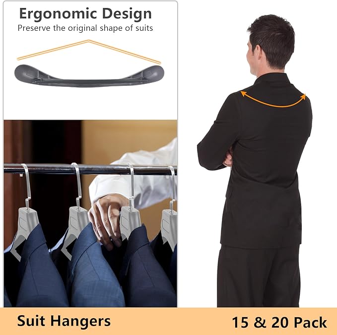 DEDU Plastic Extra Wide Shoulder Suit Hangers for Men 15 Pack Width 17.7", Grey Sweater Hangers no Shoulder Bump Non Slip for Thick Sweaters, Clothes Hangers with Pants Bar & Metal Hook