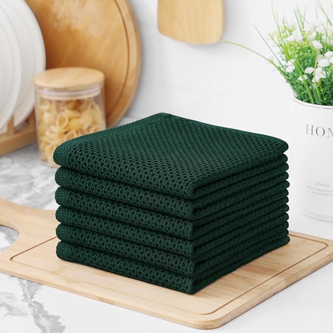 Kitinjoy 100% Cotton Kitchen Dish Cloths, 6 Pack Waffle Weave Ultra Soft Absorbent Dish Towels for Drying Dishes Quick Drying Kitchen Towels Dish Rags, 12 X 12 Inches, Blackish Green