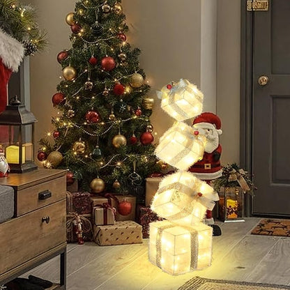 Christmas Lighted Gift Boxes Decorations Set of 4, 2.8Ft Stackable Christmas Nesting Boxes Battery Operated for Home and Party Decoration (8"-6"-5"-4", Silver Bow)