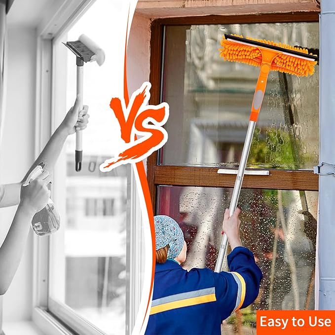Window Washing Kit with Extension Pole, 73’’ Window Cleaning Squeegee Kit, 3 in 1 Window Cleaning Kit with 2 Microfiber Pads & 2 Chenille Pads for Indoor Outdoor Windows