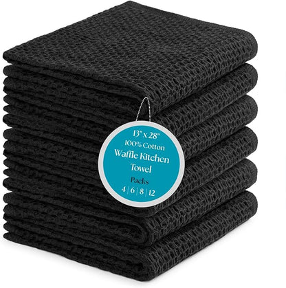 Cotton Waffle Weave Kitchen Towels - Pack of 6 (13x28 Inches) | Ultra Soft, Absorbent Dish Towels | Quick Dry Towel, Dish Cloths, Hand Towels & Dish Rags - Black (Kitchen Essentials)