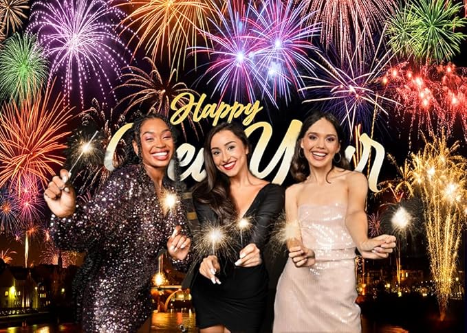 CYLYH 7X5FT Happy New Year Backdrop New Year's Eve Night City Fireworks Show Backdrop New Year Party Decorations