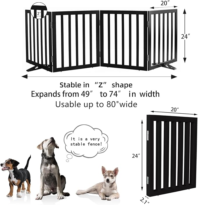 Dog Gate Indoor, Freestanding Dog Fence for The House, Doorways, Hallways,or Stairs,Pet Gate Foldable Wooden,Expandable 24" Height 4 Panels,Black