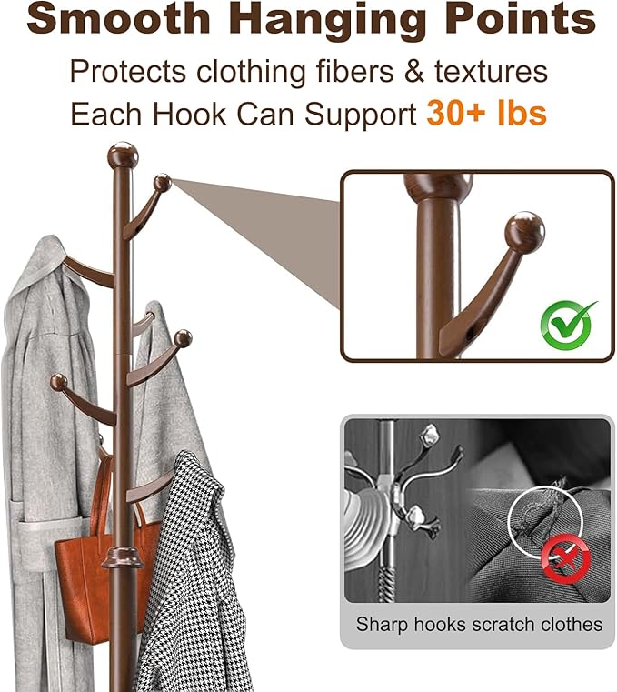 Wooden Coat Rack Freestanding, Coat Racks with 7 Hooks, Coat Tree Freestanding Heavy Duty with Stable Sphere Base, Load 210 lb, Coat Hanger Stand for Entryway, Hallway, Bedroom
