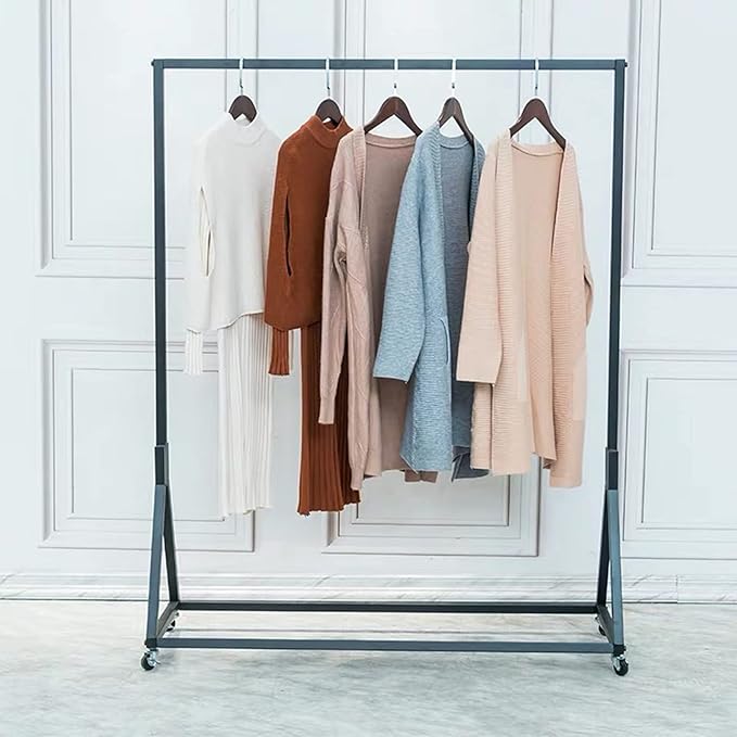 Modern Simple Heavy Duty Metal Rolling Clothing Garment Rack with Wheel,Creative Commercial Wedding Dress Display Shelf,Single Rod Floor-Standing Clothes Hangers (Black without Wood, 47.2" L)