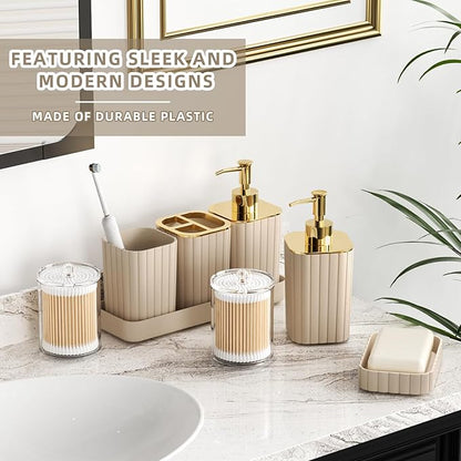 Bathroom Accessories Set - 25PC Bathroom Sets with Shower Curtain and Rugs, Beige Bathroom Accessories with Trash Can, Soap Dispenser, Soap Dish & Toilet Brush