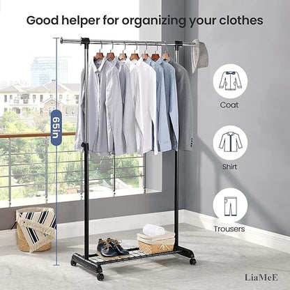 LiaMeE Adjustable Clothing Rack for Hanging Clothes, Heavy Duty Garment Rack with Wheels，Free Standing Rolling Clothes Rack with Shelf & Grid, Easy Assembly Standard Rod, Black & Chrome