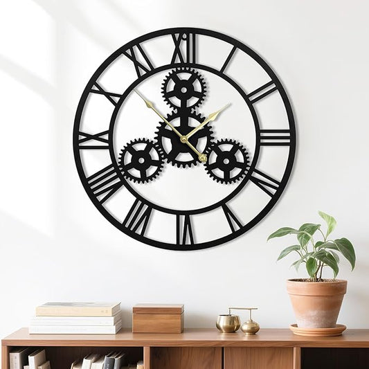 20inchesWall Clocks for Living Room Deco Metal Non Ticking Silent Battery Operated Roman Numeral Oversized Gear Wall Clocks for Bedroom Kitchen Fireplace Office Farmhouse