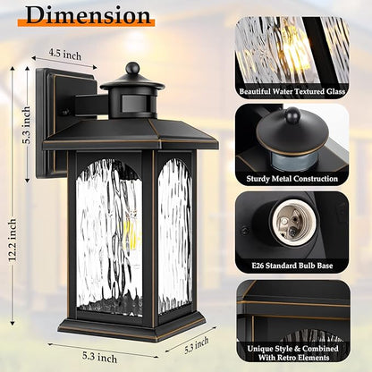 2 Packs Motion Sensor Outdoor Sconce - Advanced Dusk to Dawn Outdoor Lighting, Retro Motion Sensor Porch Light Fixtures, Black Waterproof Exterior Lantern Wall Mount for Garage, Outside, Anti-Rust