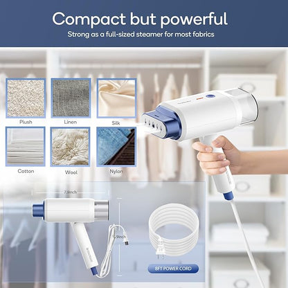 Newbealer Steamer for Clothes, 1200W Travel Steamer with Horizontal & Vertical Steaming, 2 Steam Levels, Dry Ironing, Foldable, 1.5lbs Lightly, 180ml Handheld Fabric Wrinkle Remover (120V Only)