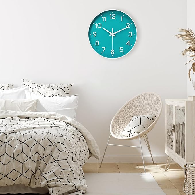 MEIRED Wall Clock 12 Inch Silent Non Ticking Battery Operated Round Wall Clock Modern Simple Style Decor Clock for Home/Office/School/Kitchen/Bedroom/Living Room, Teal and White