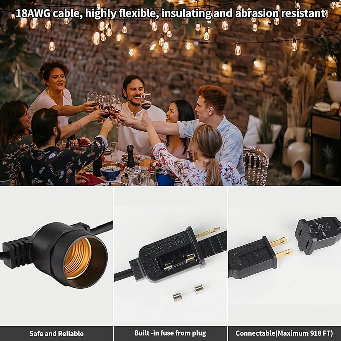 54FT LED Outdoor String Lights, IP65 Waterproof, S14 Shatterproof 27FT*2 Pack Outdoor String Lights (Maximum 918FT) Edison Vintage Bulbs Patio, Balcony, Deck, Garden Lights