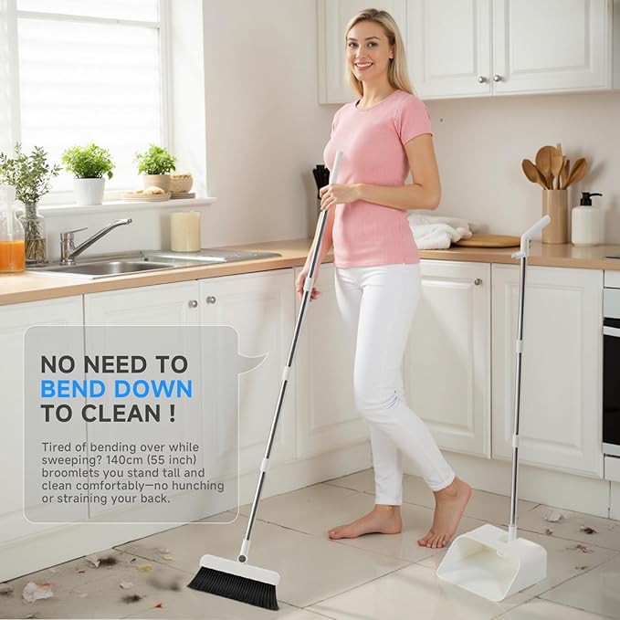 Magnetic Broom and Dustpan Set with Silicone Squeegee, 55'' Broom with Dustpan Combo Set Self-Cleaning Teeth Design Upright Standing Dustpan with Grey Microfiber Cloth for Indoor Floor Home Kitchen