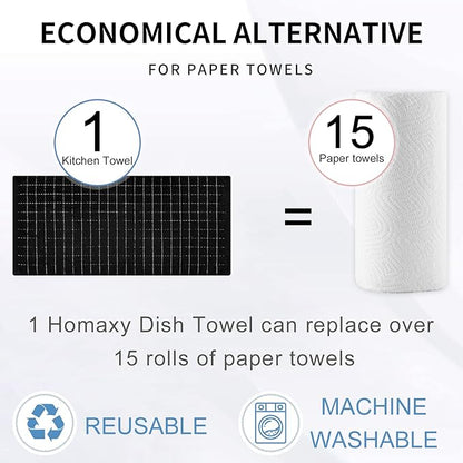 Homaxy 100% Cotton Terry Kitchen Towels(Black, 13 x 28 inches), Checkered Designed, Soft and Super Absorbent Dish Towels, 4 Pack