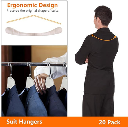 DEDU Suit Hangers for Men 15 Pack Width 17.7", Ivory White Coat Hangers no Shoulder Bump Non Slip for Thick Sweaters, Plastic Extra Wide Shoulder with Pants Bar & Metal Hook