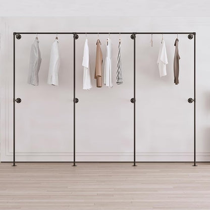 Industrial Pipe Clothing Rack, Heavy Duty Wall Mounted Clothes Rack, Retail Display Hanging Garment Rod for Laundry Rooms, Closet Storage 14.6x110x82.7 Inches, Model K07