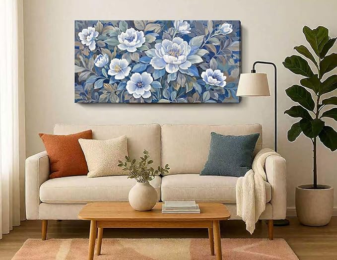 ARTZON Large Wall Art for Living Room Botanical Flower Canvas Print Blue and White Grey Floral Peony Artwork Modern Spring Leaf Plant Picture Home Women Bedroom Dining Room Office Decor 48x24 Inch