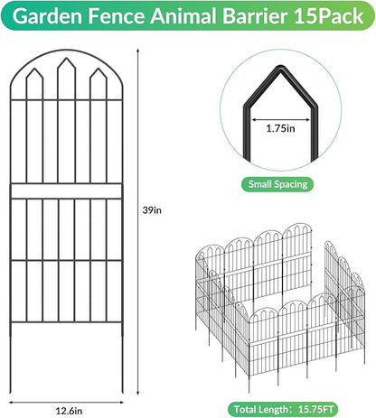 CADUKE Decorative Garden Fences and Border 15 Pack, 39in(H) x 15.75ft(L) Rustproof Wire Metal Fence for Dogs, Animal Barrier Fence Flower Edging for Yard, Patio, Outdoor, Arched
