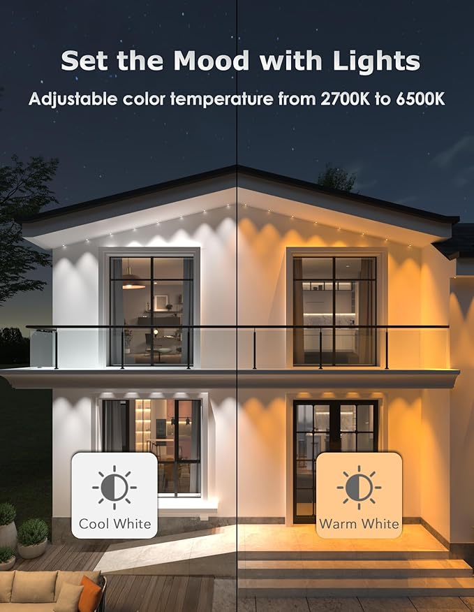 100ft Permanent Outdoor Lights, Smart RGB+IC Eave Lights, 60 Bright LEDs with 75 DIY Scene Modes & 16 Million Colors, Work with Alexa/App, IP68 Waterproof Light for House Holiday Christmas