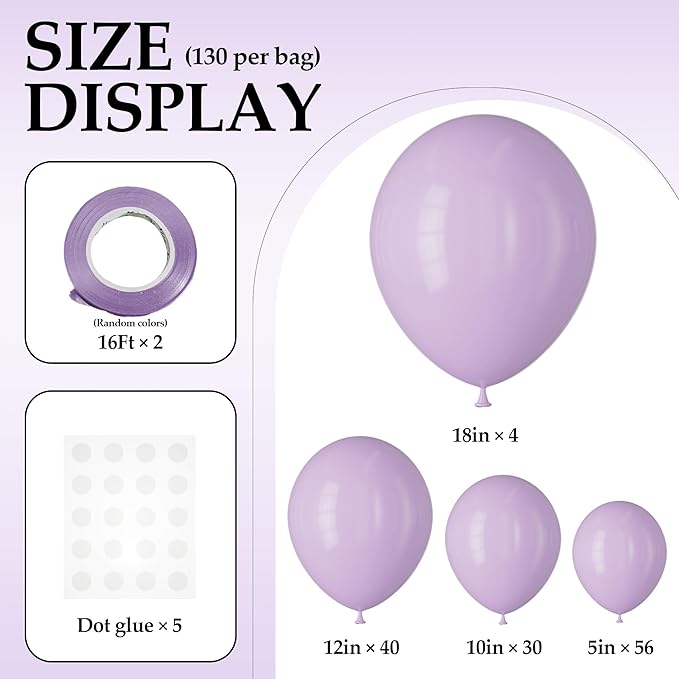130PCS PastelPurple Balloons, Latex Balloons Different Sizes 18/12/10/5 In, Helium Balloon with Ribbon, Party Balloon Set for Birthday Wedding Graduation Anniversary Baby Shower Decoration
