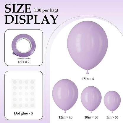130PCS PastelPurple Balloons, Latex Balloons Different Sizes 18/12/10/5 In, Helium Balloon with Ribbon, Party Balloon Set for Birthday Wedding Graduation Anniversary Baby Shower Decoration