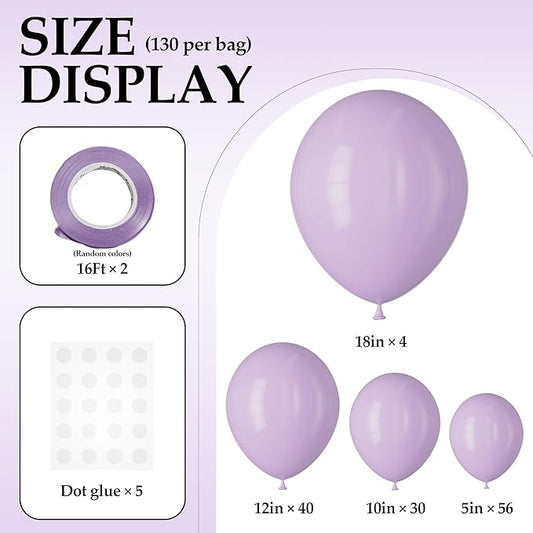 130PCS PastelPurple Balloons, Latex Balloons Different Sizes 18/12/10/5 In, Helium Balloon with Ribbon, Party Balloon Set for Birthday Wedding Graduation Anniversary Baby Shower Decoration