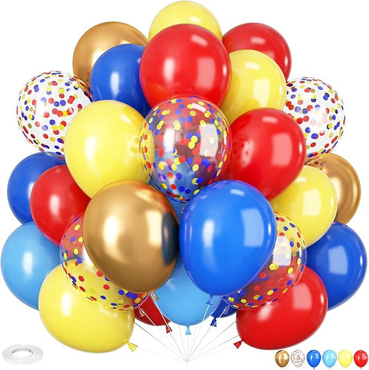 Carnival Circus Balloon Kit, 60PCS 12 Inches Red Yellow Blue Balloons Carnival Helium Balloon with Confetti Latex Balloons for Kids Boys Baby Shower Birthday Party Decoration Supplies