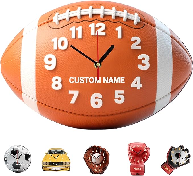 Personalized Clocks with Name Custom Football Wall Clock for Home Decoration Fathers Day Dad Gifts Birthday Christmas Creative Clock Customized Gift for Men Women Bedroom Living Room Decor