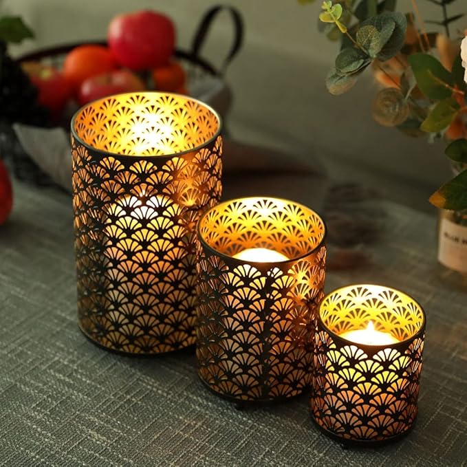 JHY DESIGN Set of 3 Metal Candle Holders Bronze Hurricane Pillar Candleholder Vintage Table Candlestick Holders Great Centerpieces for Home Decor Wedding Parties Events