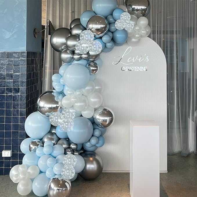Blue White Balloons, 60 PCS 12 Inch Dusty Light Baby Blue White and Silver Balloon Snowflake Balloons for Winter Baby Boy Shower Decorations Bridal Shower Wedding Birthday Party