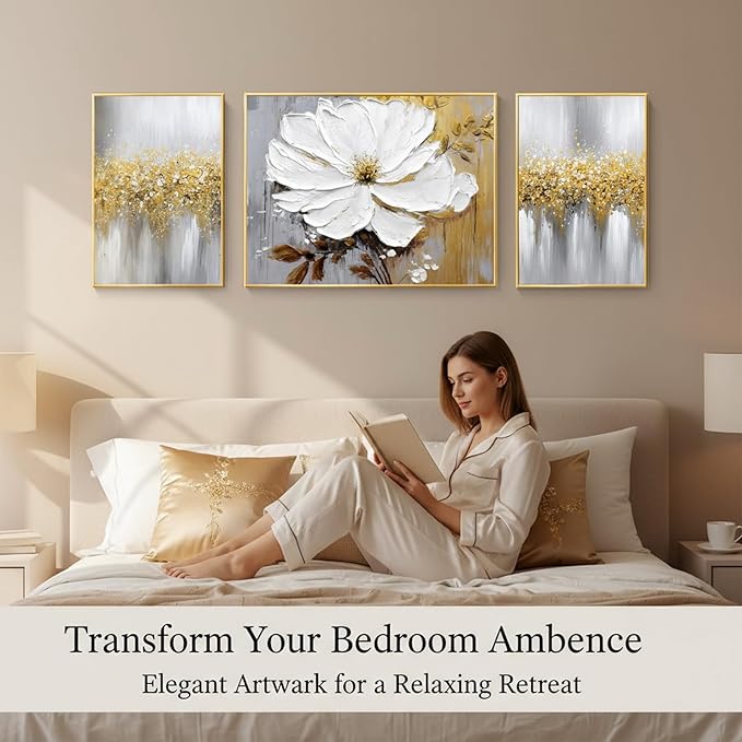 Hand-Painted Floral Canvas Oil Painting for Living Room,Framed 3D Gold and White Abstract Wall Art for Bedroom, Large 3 Pieces Flowerl Wall Painting for Office Kitchen Bathroom Home Decor 24x64 inches
