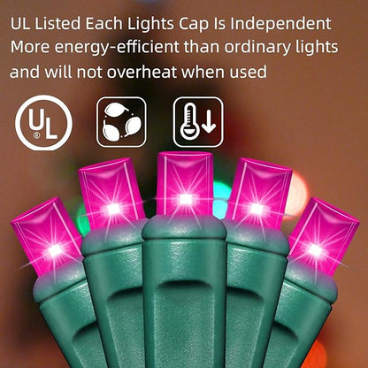 100Count (2pk of 50L) String Lights, LED Christmas Lights, 6" SPACING,Green Wire,Pink
