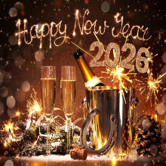 AOFOTO 8x8ft Happy New Year 2026 Backdrop Champagne Wine Beer Gold Sparklers Fireworks Bokeh Light Spot New Year's Eve Backdrop Banner Carnival Celebration Background Party Decorations Props