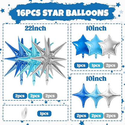 Blue Silver Star Balloon,16Pcs Star Foil Balloons Set with 22Inch Explosion Spike Cone Balloons and 10Inch Quadrangle Helium Balloon for Birthday Wedding Baby Shower Party Decorations