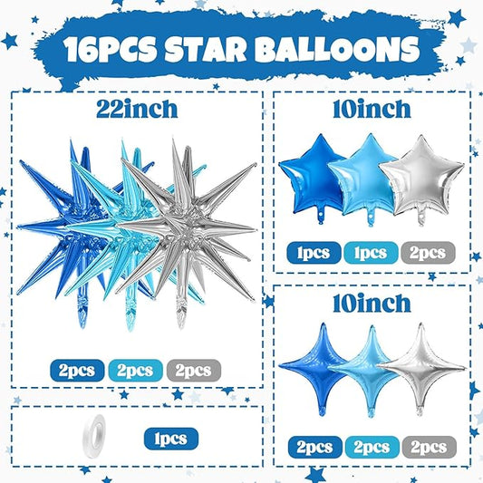 Blue Silver Star Balloon,16Pcs Star Foil Balloons Set with 22Inch Explosion Spike Cone Balloons and 10Inch Quadrangle Helium Balloon for Birthday Wedding Baby Shower Party Decorations
