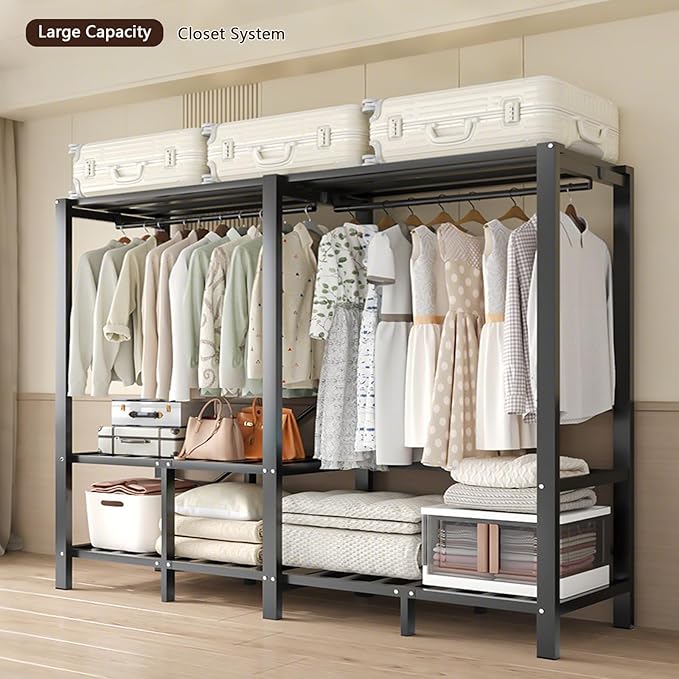 Foldable Portable Wardrobe Closet with Cover, Heavy Duty Clothing Rack for Hanging Clothes has 59in Vertical Storage Space, Coffee Metal Garment Rack (Coffee, 59.05in)