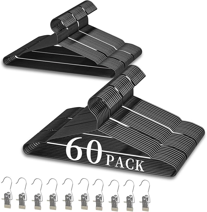 60Pack+10 Clips Luxurious Hanger Set ，16.69" Heavy Duty Matte Black Metal HangersWithstands 50lbs Weight Smooth Powder Coated Finish Compact Shirt Hangers