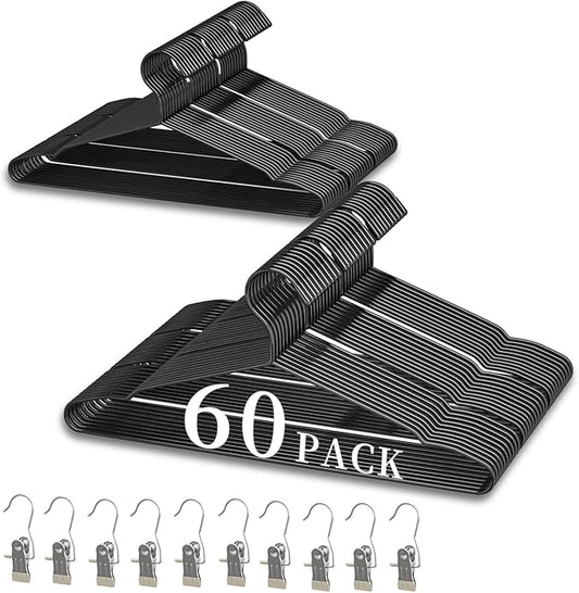 60Pack+10 Clips Luxurious Hanger Set ，16.69" Heavy Duty Matte Black Metal HangersWithstands 50lbs Weight Smooth Powder Coated Finish Compact Shirt Hangers