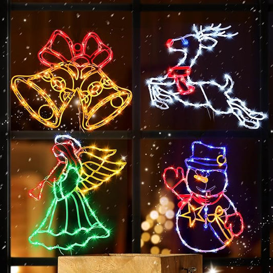 Christmas Decorations - 16" Christmas Window Silhouette Lights - 4 Pack Colour Lighted Bell & Reindeer & Snowman & Angel for Holiday Indoor and Outdoor Wall Door Window Decorate