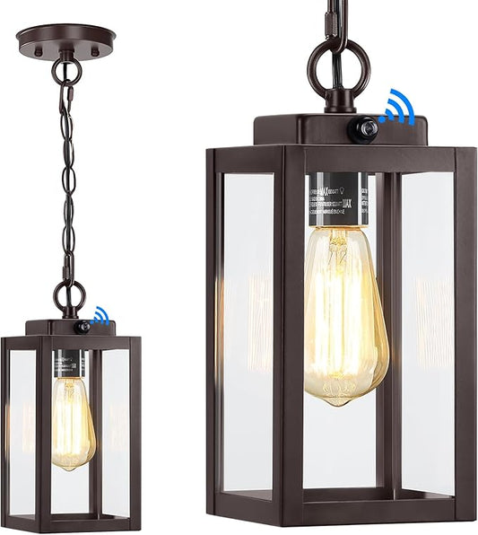 11'' Dusk to Dawn Outdoor Pendant Light, Modern Outside Chandelier Outdoor Hanging Lantern Light, Matte Brown with Clear Glass, Exterior Pendant Lighting Fixture for Porch, Yard, Gazebo, ORB (Small)